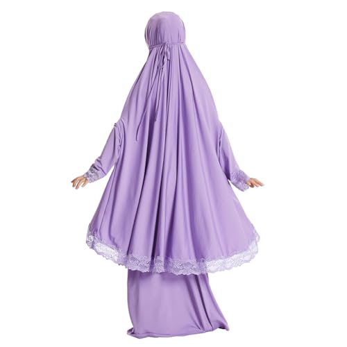 IBTOM CASTLE Little Girls Muslim Prayer Dress Abaya Long Sleeve Full Cover Lace Hijab Kaftan Dubai Islamic Modest Eid Jilbab - color: Purple, size: 6-7 Years