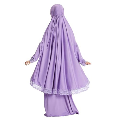 IBTOM CASTLE Little Girls Muslim Prayer Dress Abaya Long Sleeve Full Cover Lace Hijab Kaftan Dubai Islamic Modest Eid Jilbab - color: Purple, size: 5-6 Years