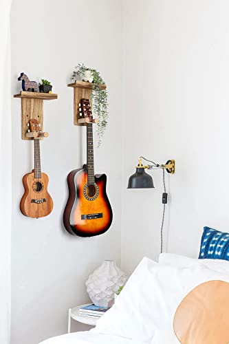 Keebofly Guitar Wall Mount Hanger with Rustic Wood Shelf- Single Pack, Wall Hook Rack for Acoustic/Electric Guitars, Bass & Ukulele, (Brown,Patented) - color: Single Pack_Rustic Brown