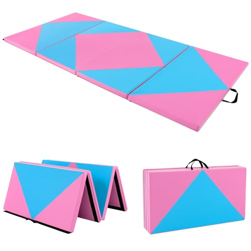Giantex 4'x8' Gymnastics Mat, 2" Thick Folding Tumbling Mat with Carrying Handles, Foldable Gym Mat with Hook and Loop Fastener, Cheer Mats for Kids Adults Home Exercise Aerobics Fitness - color: Rose/Blue