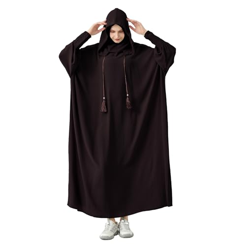 Abaya Muslim Dress Women Prayer Dress Long Sleeve Hooded Loose Maxi Dress Arabian Dubai Islamic Clothes - color: Dark Coffee