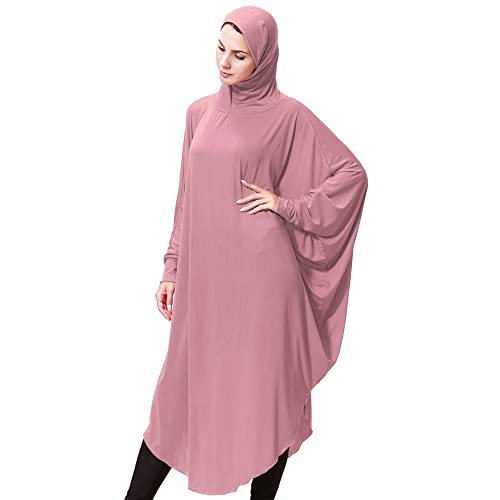 khalat Women's One-Piece Muslim Abaya Dress Large Overhead Prayer Ramadan Long Hijab Dress - color: Dark Pink, size: Large