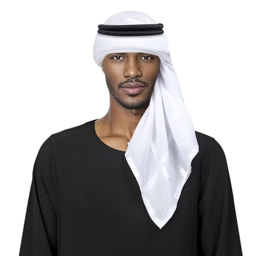 PURFUN Men's Large Arab Shemagh Headscarf Muslim Headcover Shawl Keffiyeh Arabic Scarf - color: Scarf+agal/White