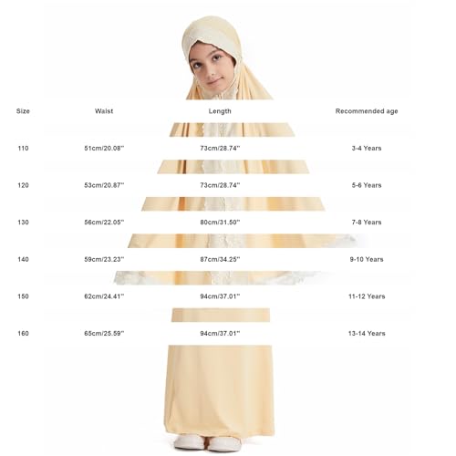 Girls Abaya Muslim Prayer Dress 2 Piece Maxi Sleeve Full Cover Lace Hijab Kaftan Tops Long Skirt Kids Soft Elastic - color: Pink, size: 5-6 Years