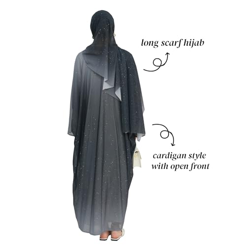 Muslim Women Abaya Gradient Flash Cardigan Sequin Robe with Hijab | Gradient Color, Flash Sequin, Scarf Hijab - color: 블랙., size: M