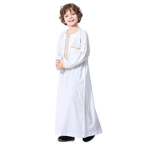 OBEEII Boy's Muslim Arab Solid Color Thobe Long Sleeve Kaftan Embroidered Robe Islamic Arabic Abaya Thobe - color: White, size: 7-8 Years