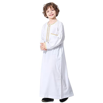 OBEEII Boy's Muslim Arab Solid Color Thobe Long Sleeve Kaftan Embroidered Robe Islamic Arabic Abaya Thobe - color: White, size: 9-10 Years