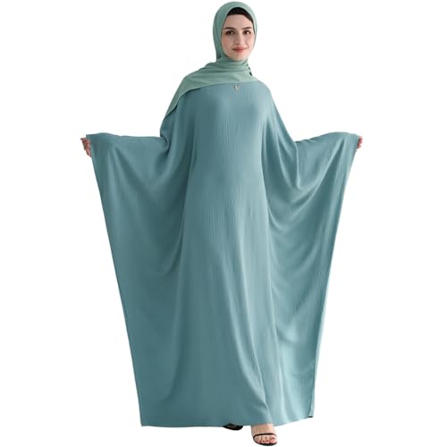 Muslim Abaya Dress Women Middle East Arabian Prayer Robe Batwing Maxi Kaftan Abaya Dress with Hijab - color: Green