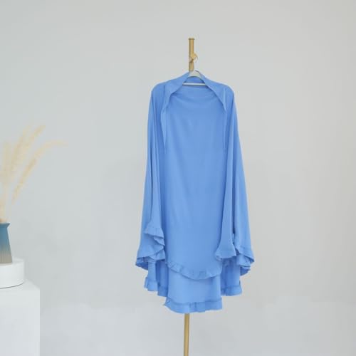 Boedaty Ramadan Eid Prayer Garment Long Khimar Hijab Scarf Wrap with Flounces Abaya Jilbab Muslim Islam for Women - color: Light Blue1