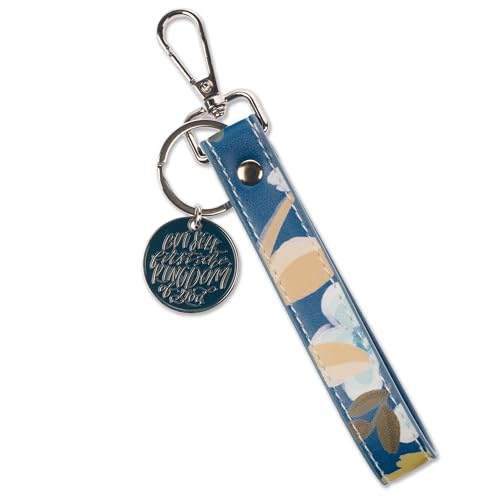 Christian Art Gifts Metal Keychains with Faux Leather Wrist Strap & Clip for Women: Scripture & Multicolor Floral Designs - color: Kingdom of God/Blue Floral & Silver