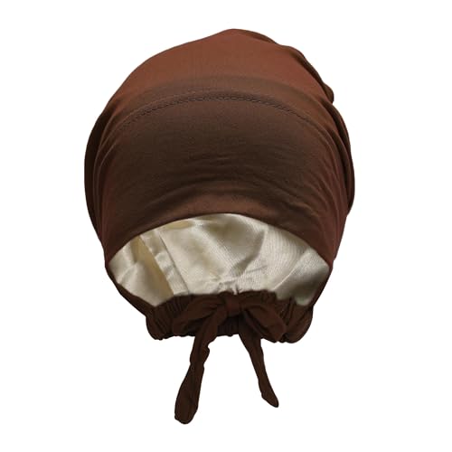 ZLYC Satin Lined Hijab Cap for Women Tie Back Undercap Underscarf Hat - color: Solid Coffee