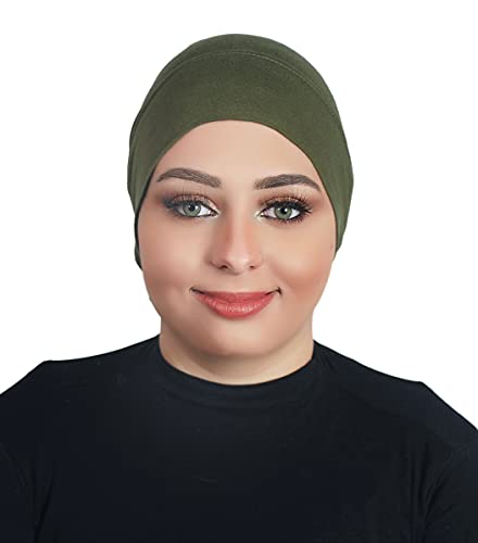 Fashion Cotton Modal Cotton Muslim Hat Elastic Inner Tube Caps Islamic Underscarf Hats Back Open Head Wrap - color: Olive Green