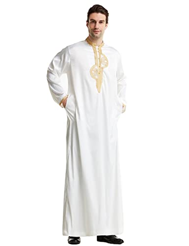 Islamic Mens Clothing Kaftan Maxi-Muslim Male Shirt Long Sleeve Abaya Dubai Cotton… - color: White-e, size: Medium
