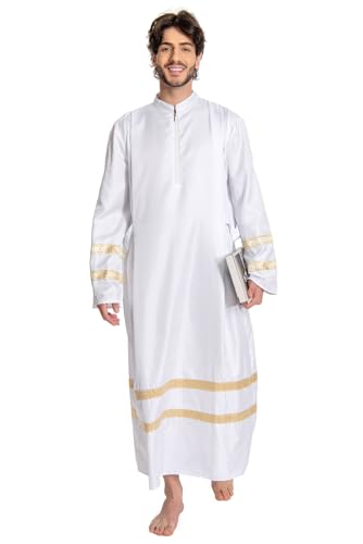Men White Priest Robe Clergy Cassock Gown Pastor Outfits Christian Costume - color: Gold, size: Small