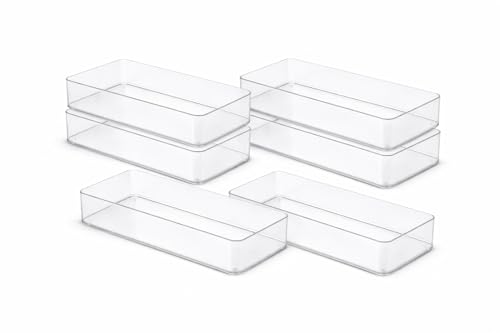 primebox Plastic Clear Acrylic Drawer Organizers. Bathroom, Kitchen, Bedroom, Utensils, Office Organizer Bins, Storage Trays. Heavy Duty, Stackable. 12" x 6" x 2" Set of 6 - size: 12" x 6" x 2"