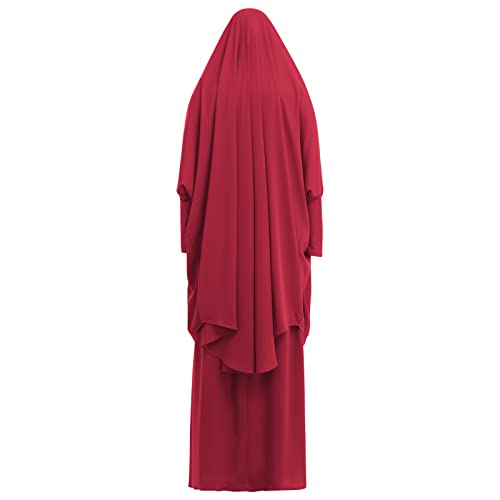 Prayer Clothes for Muslim Women Islamic Abaya Suit Maxi Skirt + Khimar Hijab 2pcss Burka Jilbab Kaftan - color: Wine Red