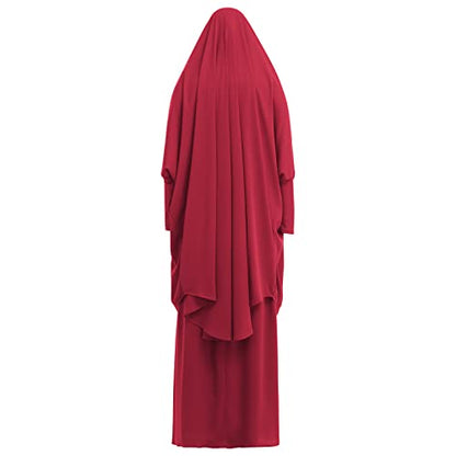Prayer Clothes for Muslim Women Islamic Abaya Suit Maxi Skirt + Khimar Hijab 2pcss Burka Jilbab Kaftan - color: Wine Red