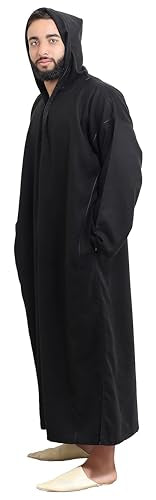 Moroccan Men Djellaba with Hood – Handmade Winter Jellaba Cotton Kaftan with Delicate Embroidery, Caftan Fits L–XL - color: Black