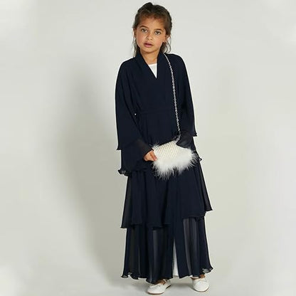 Chiffon layered Open Abaya Dubai Kaftan Muslim Cardigan Abayas Dresses For Girls Casual Robe Kimono Islam Clothing - color: Black, size: 7-8 Years
