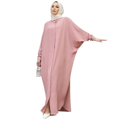 ODASDO Muslim Dresses for Women Abaya Button Down Henley Shirt Prayer Dress Batwing Long Sleeve Middle East Arabian Robe - color: Pink