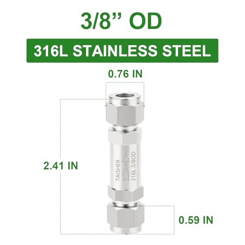1PCS 316L Stainless Steel 3/8" Tube OD Check Valve,Backflow Prevention,One Way Non-Return Check Valves - size: 3/8" Tube OD (No Silver)