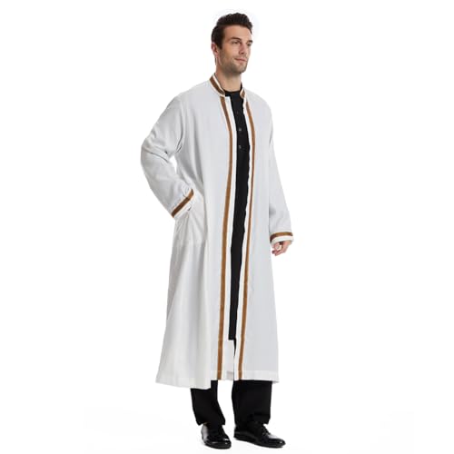 Qianliniuinc Thobe for Men Abaya Islamic Clothing - Muslim Kaftan Dubai Arabic Robe Loose Fit Casual Prayer Wear - color: White, size: Small