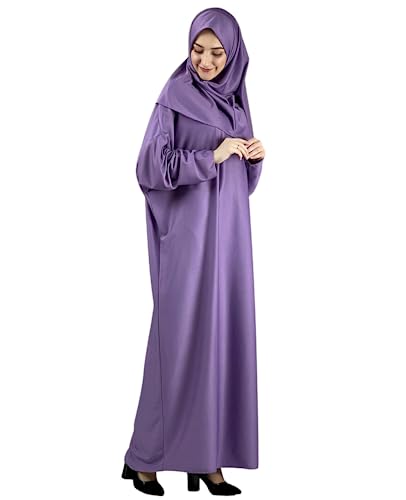 Women Prayer Clothes with Hijab Muslim Outfits Long Robe Abaya Turkish Islamic Dresses Dubai Kaftan with Rosary - color: Lilac