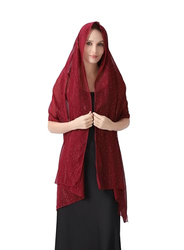 OurLore Chiffon Shawls Wraps for Women Sheer Glitter Scarf Sparkly Rhinestones Shoulder Sarong Cover Up Hijab for Wedding - color: Wine Red
