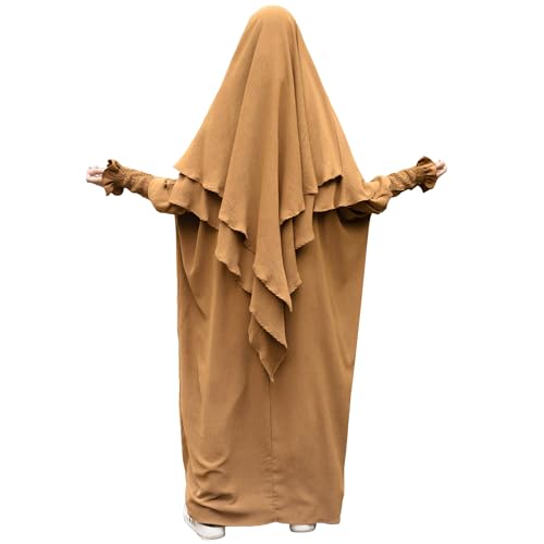 khalat Womens Muslim Prayer Dress Front Zipper Kaftan Islamic Robe Modest Solid Abayas for Women Muslim - color: Khaki+hijab