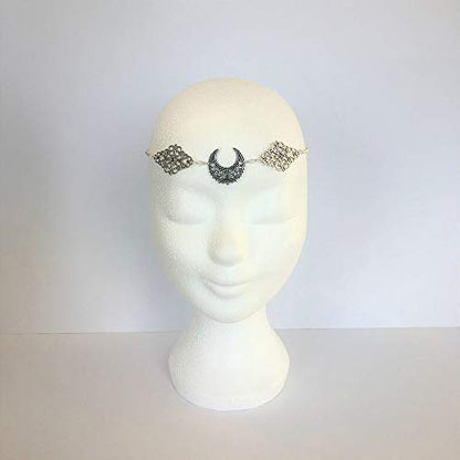 Doubnine Crescent Moon Boho Head Chain Pendant Gothic Forehead Headpiece Headband Retro Hair Accessories Wedding Head Dress for Women Bride Women Girls - color: black beads