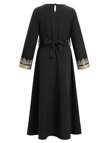 IWEMEK Abaya for Girls Muslim Prayer Dress Kids Islamic Dubai Eid Ramadan Clothes Wedding Saudi Arabic Kaftan Dress with Belt - color: Black+gold, size: 9-10 Years