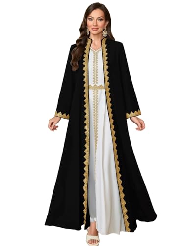 Elegant Muslim Dress with Embroidered Traditional Islamic Attire Maxi Robe Eid Prayer Gown - color: Black, size: X-Large