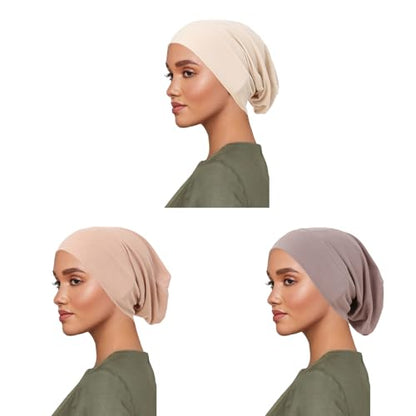 PURFUN 3 Pcs Muslim Inner Hijab Caps Women Solid Color Under Hijab Caps Stretchy Breathable Full Cover Undercap Tube Bonnet - color: Beige+pink+brown