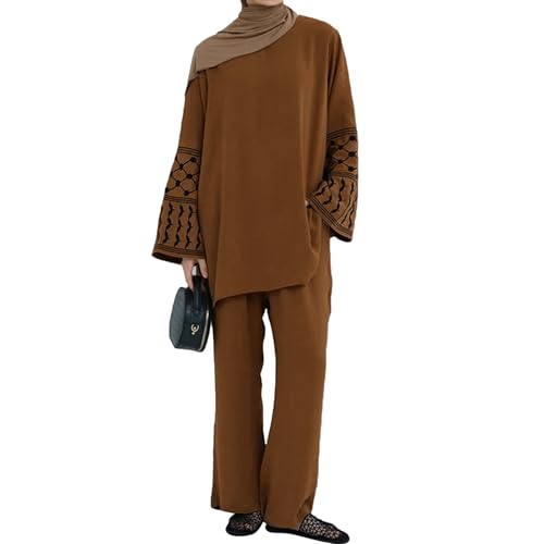 Women's Top + Pants Eid Ramadan Muslim Two-piece Outfits Embroidered Dubai Abaya Islamic Arabic Clothing - color: Coffee, size: X-Large-XX-Large