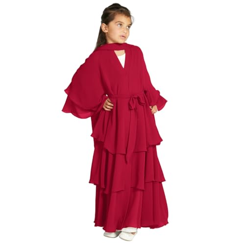 Chiffon layered Open Abaya Dubai Kaftan Muslim Cardigan Abayas Dresses For Girls Casual Robe Kimono Islam Clothing - color: Claret, size: 11-12 Years