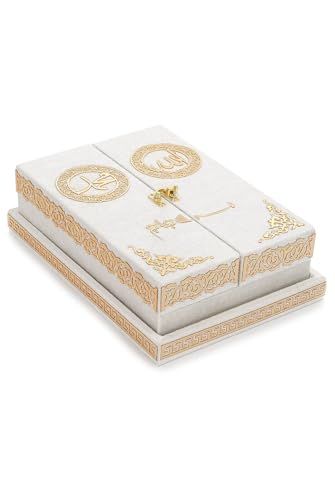 Special Design Quran Velvet Box with Stand with Allah and Muhammad Written | Special Quran Holder Stand | Islamic Gift | Perfect Ramadan,Eid,Birthday,Umrah Gift for Muslim Women Men Child (White) - color: White