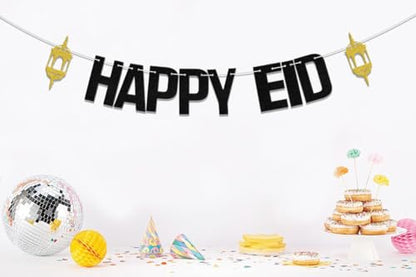 Happy Eid Banner, Eid Festival Party Decor, Umrah Mubarak Banner, 2024 Eid Mubarak Hajj Mubarak Islamic Muslim Festival Party Supplies Gold Black - color: Black