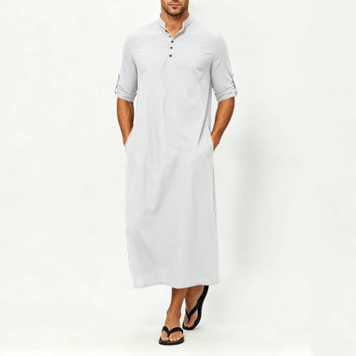 Men's Linen Kaftan Robe Button Down Long Sleeve Henley Collar Cotton Thobe Casual Loose Fit Stylish Gown Shirts - color: White, size: Small