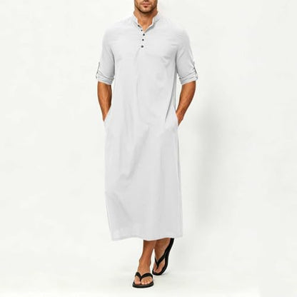 Men's Linen Kaftan Robe Button Down Long Sleeve Henley Collar Cotton Thobe Casual Loose Fit Stylish Gown Shirts - color: White, size: 3X-Large