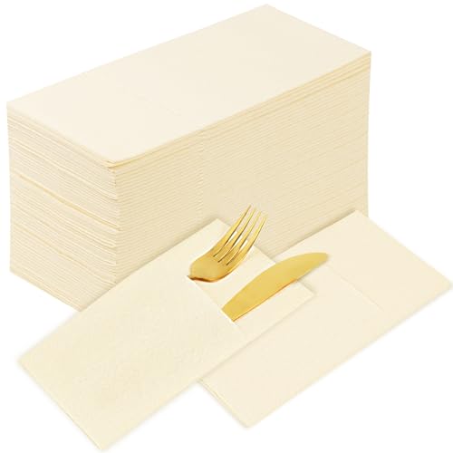 KAMMAK Dinner Napkins Disposable Beige Cloth like Paper Napkins with Pocket 100 Pack Folded Napkins Guest Hand Towel for Party Decoration, Wedding Reception, Bathroom and Kitchen (16.5 x 16.5 inch) - color: Cream Color