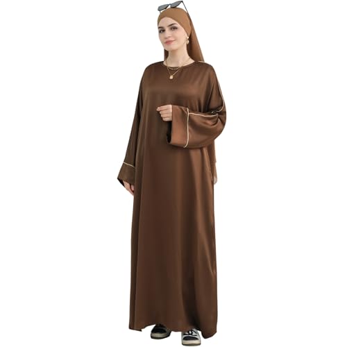 Muslim Praying Dress for Women Silk Glossy Back Zipper Robe Wear Gold Trim Modest Abaya Dress with Hijab - color: Coffee, size: X-Large