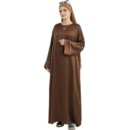 Muslim Praying Dress for Women Silk Glossy Back Zipper Robe Wear Gold Trim Modest Abaya Dress with Hijab - color: Coffee, size: Large