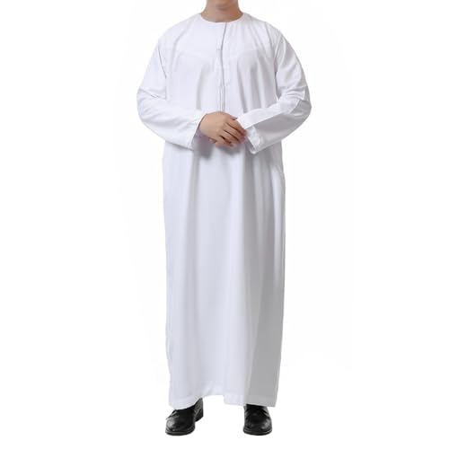 ITODA Embroidered Muslim Arabic Thobe Long Sleeve Kaftan Islamic Ramadan Prayer Robe - color: White-3