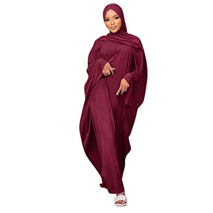 Muslim Dress for Women Pakistani Kaftan Abaya Robe + Hijab Arabic Islamic Prayer Clothes Dubai Outfits - color: Dark Red Set