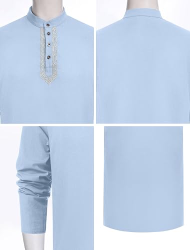 Odizli Muslim Clothes For Men Long Sleeve Stand Collar Thobe Saudi Jubba Dishdasha Kurta Diwali Outfits Indian Clothes - color: Light Blue, size: Small