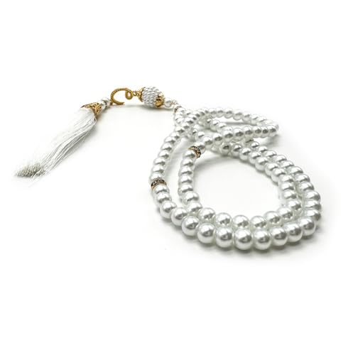 ESERRA Kufi Hats for Men - Prayer Cap, Handicraft Taqiyah, Muslim Tasbih 99 Beads, Prayer Beads - color: White