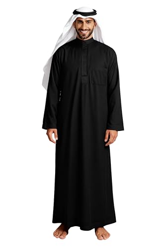 HOMELEX Men's Muslim Clothes Thobe Middle East Kaftan Saudi Arab Caftans Islamic Abaya Dress Dubai Robes - color: Black-2, size: Large