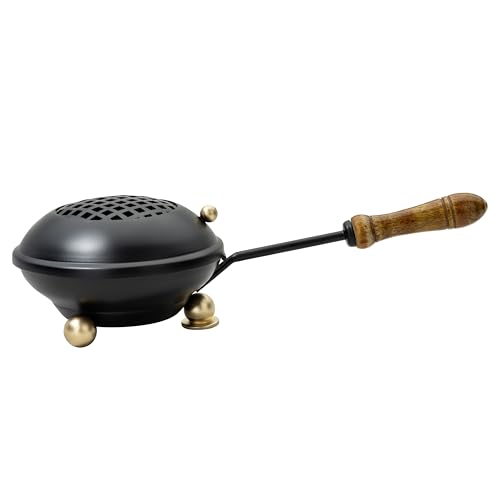 Large Smoking pan [Diameter 4.33 inch, Length Approx. 9.84 inch], Made of Iron, matt Black, with Removable Sieve and Wooden Handle - color: Black - Large