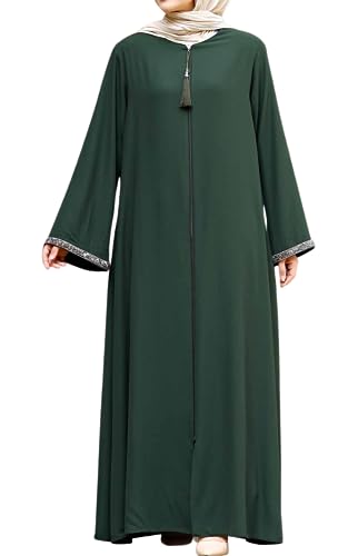 istanbul styles Women's Stone Sleeves Abaya Long Sleeve Floor Length Zipper Floor Length Turkey Islamic Fashion - color: Green, size: 3X-Large