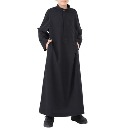 Boys Muslim Abaya Thobe Long Sleeve Cotton Islamic Prayer Kaftan Clothes Teen Kids Ramadan Plain Soft Festive Thobe - color: Black, size: 9-10 Years